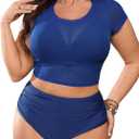 CUPSHE Women Swimsuit Plus Size Bikini Set Three Piece High Waisted Sheer Mesh Top Halter Ruched Bottom (X-Large Plus, Blue)