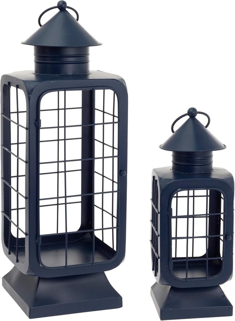 Boston International Lantern/Candle Holder Decorative Captains Metal Outdoor Lanterns, Set of 2, Navy Blue