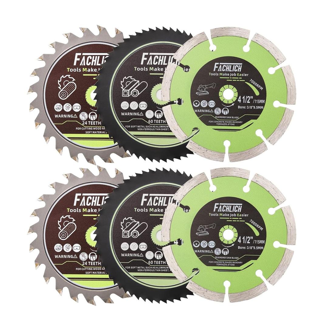 4-1/2" Circular Saw Blades Set,6pcs HSS/TCT/Diamond Saw Blades for Cutting Wood Metal Plastic Tile 3/8 inch Arbor