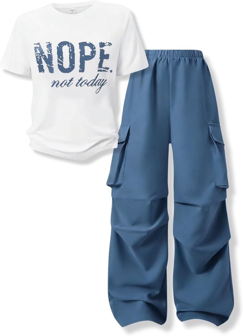 Voxikidio Girls Outfits Letter Print Short Sleeve Tops Cargo Pants Spring Fall Girls Sweatsuit Clothes (Blue Size 13-14)