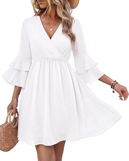 Bebonnie Womens 3/4 Ruffle Sleeve Spring Summer Casual V Neck Flowy Chiffon Layers Dresses, Medium