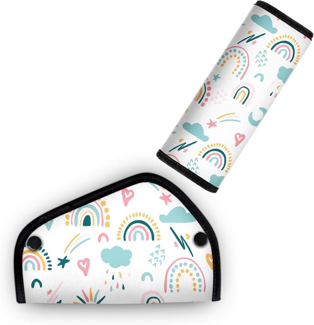 Kid's Seat Belt Cover Pad, Neck & Abdomen Cushion for Children- Soft and Breathable Straps Cover Support (Rainbow)