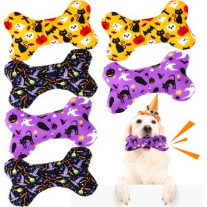 6 Pack Halloween Dog Squeaky Bone Toys Halloween Plush Interactive Dog Pets Birthday Bone Shape Stuffed Chew Toys for Puppy Small Medium Large Squeak Toss Play