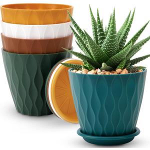 YNNICO 6 inch Plant Pots, 5 Pack Flower Pots Outdoor Indoor, Planters with Drainage Holes and Tray SaucersMulticolor