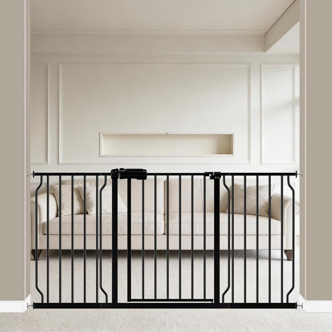 WAOWAO Baby Gate 57.48-62.20" Extra Wide Pressure Mounted Walk Through Swing Auto Close Safety Black Metal Toddler Kids Child Dog Pet Puppy for Stairs, Doorways, Kitchen