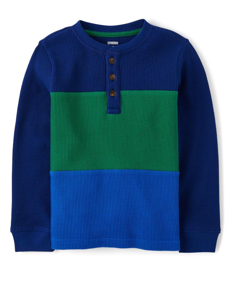 Gymboree,and Toddler Long Sleeve Henley Shirt, Blue Color Block, 12-18 Months