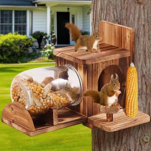 Wood Squirrel Feeder, Squirrel Feeders for Outside Garden Tree, Chipmunk Feeder for Corn Peanuts, Removable Storage Bottle, 2 Stable Squirrel Stools (11.8 in)