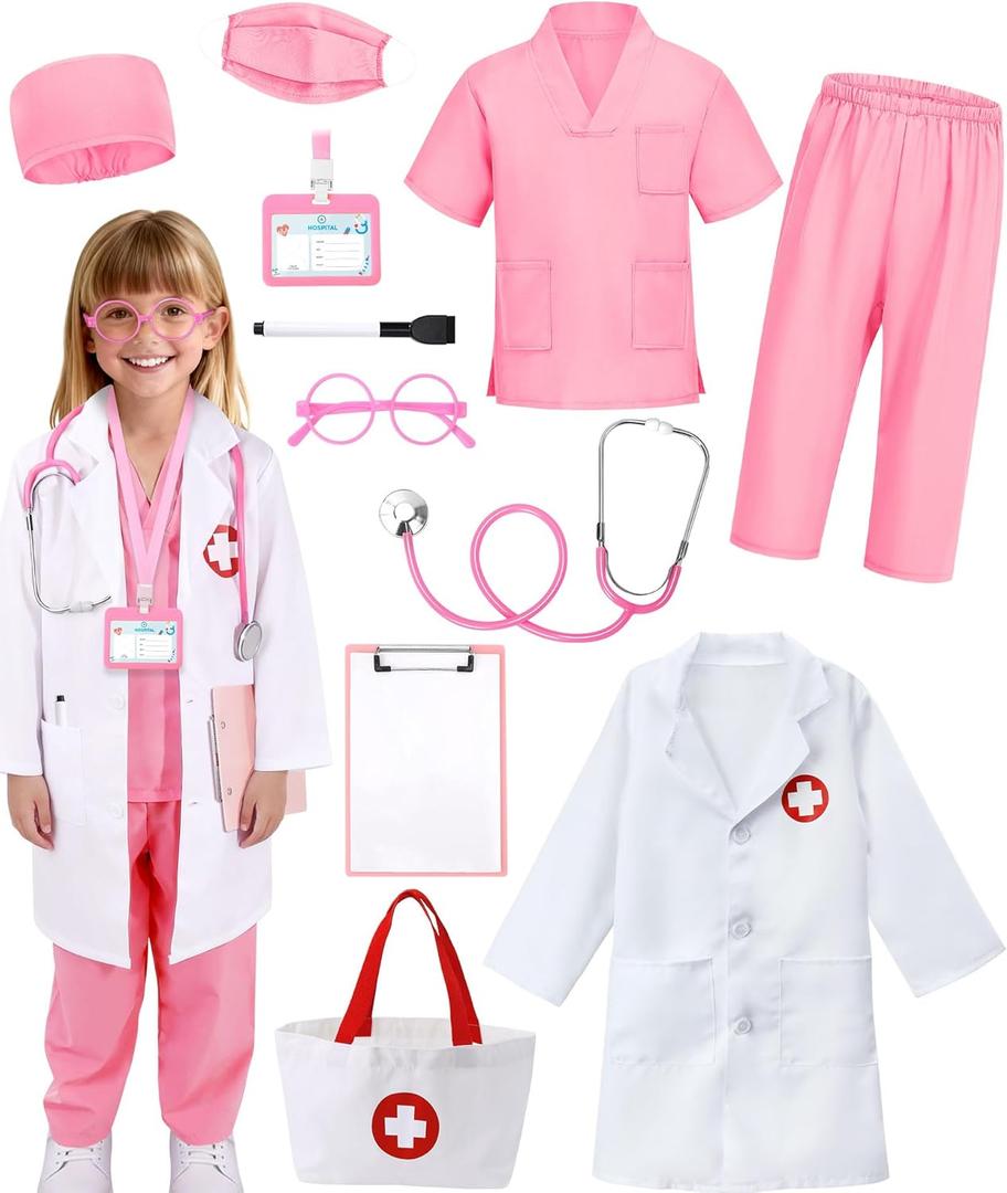 12 PCS Doctor Costume for Kids, Scrubs with Lab Coat/Nurse Costume Kids Set,Girls Boys Doctor Career Day Costumes (8-9 Years, Pink)