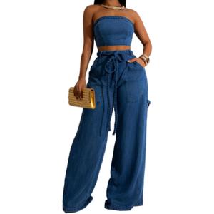 Molilove Womens Denim Set 2 Piece Outfits Sexy Sleeveless Tube Top Drawstring Wide Leg Jeans With Pockets Y2K Matching Set (Blue) XL