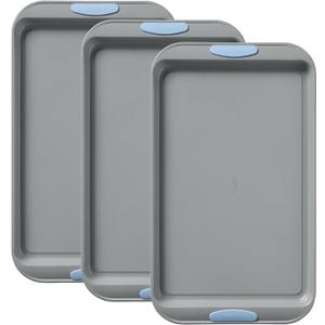 Pyrex 3-Piece Metal Cookie Sheet Bakeware Set, Lightweight Stainless Steel Baking Trays with Heatsafe Silicone Handles, Cookie Sheet Baking Pan, Cerulean
