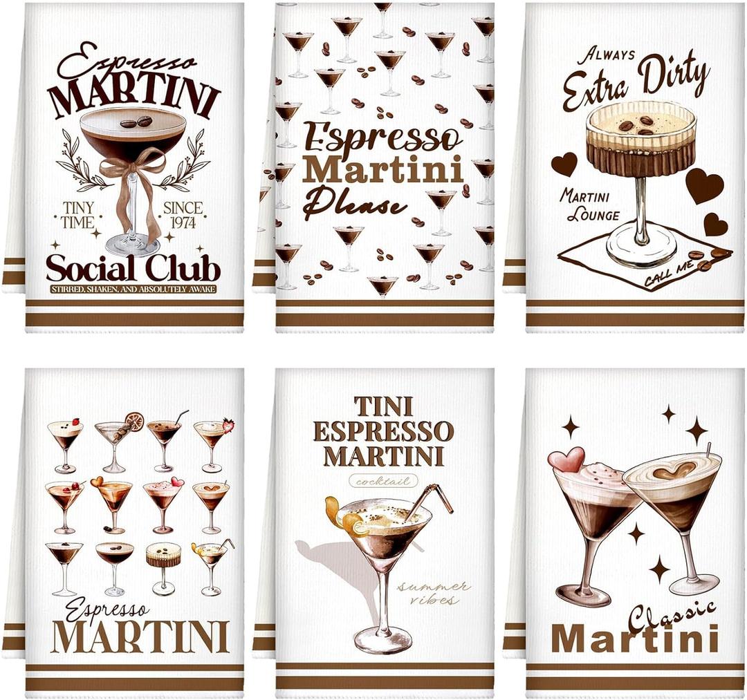 6 Pcs Christmas Espresso Martini Kitchen Towels Gift Bar Dish Towel Funny Hand Towels Tea Drying Absorbent Housewarming Decor for Martini Lovers Bachelorette Party Birthday Xmas Decoration (Ivory)