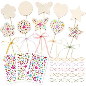 AUGSUN 43Pcs Princess Fairy Wands Kit, 20Pcs Wood Fairy Wands 20 Ribbons with 3 Sheets Gem Stickers Birthday Party Supplies Make Your Own DIY Crafts Art Magical Gifts