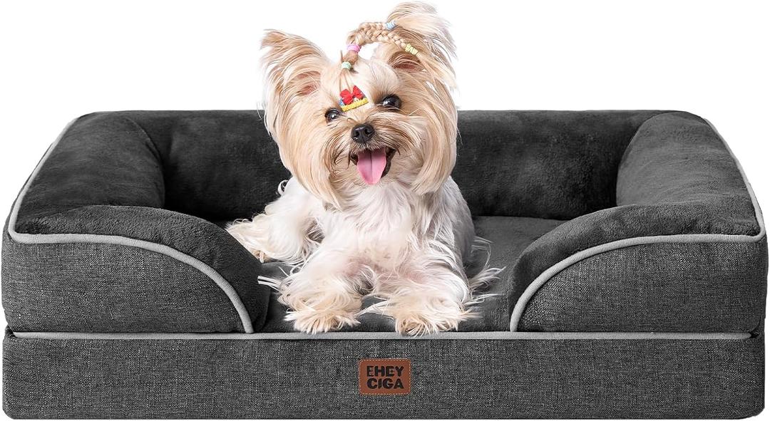 EHEYCIGA Orthopedic Dog Bed for Small Dogs, Waterproof Memory Foam Small Pet Beds with Sides, Non-Slip Bottom and Egg-Crate Foam Medium Dog Couch Bed with Washable Removable Cover, Dark Grey (24.0"L x 18.0"W x 6.0"Th)