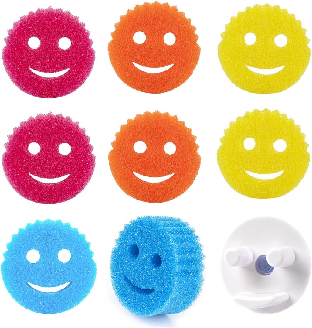 Scrub Dish Sponge Set - Color Variety Pack (8 Sponges & 1 Holder), Stain & Odor Resistant, Bpa Free, Scratch-Free Multipurpose Sponge