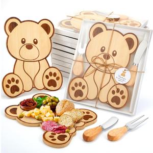 12 Set Baby Shower Prizes Bear Shaped Cheese Board with Cheese Knives and Forks Baby Shower Party Favors Gift Box for Wedding Bridal Birthday Gender Reveal Favor (Bamboo Color)