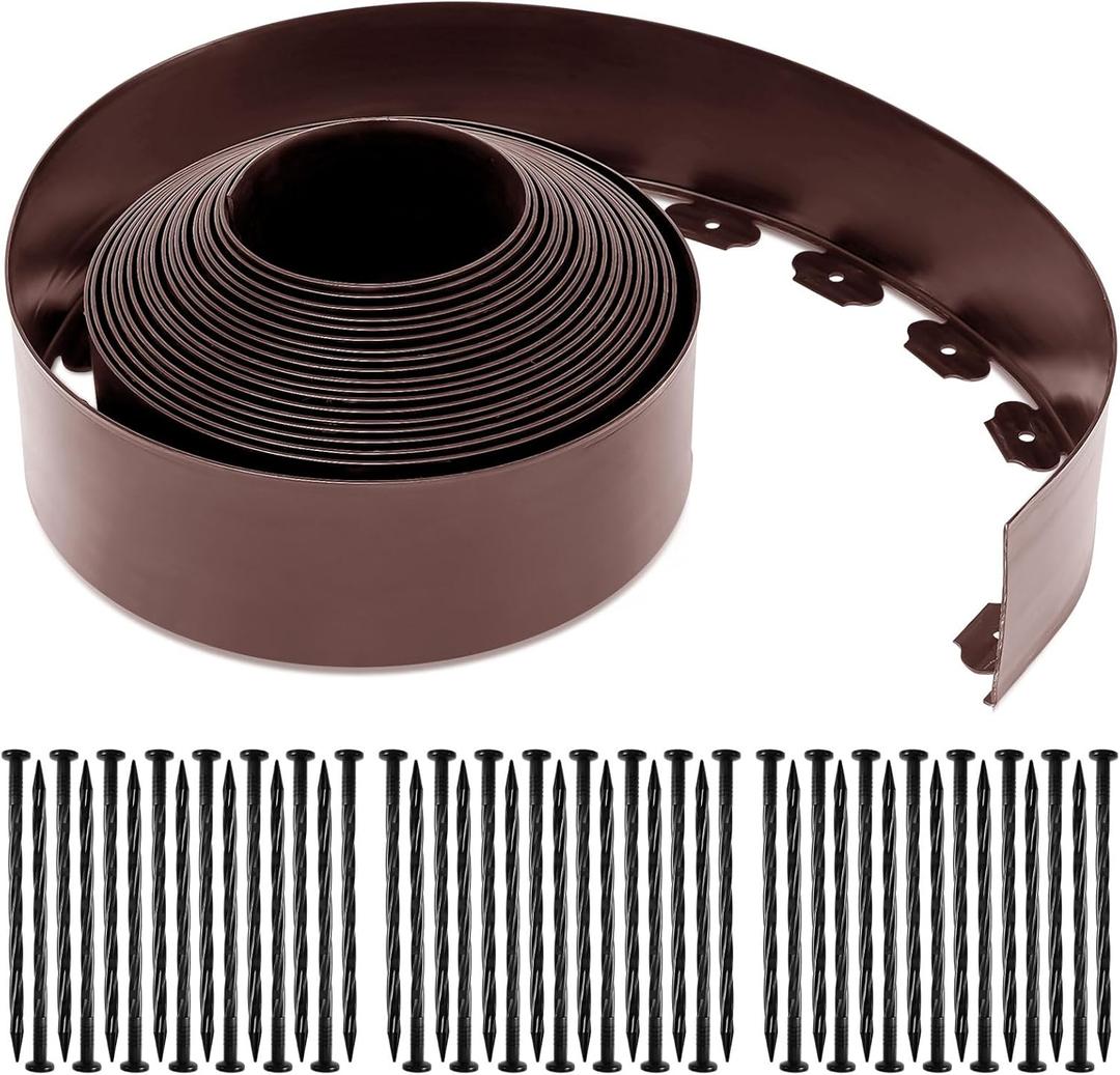 Sasylvia 5'' x 50' Landscape Edging Kit Plastic Garden Edging Border Include 45 Anchoring Spikes for Lawn Garden Grass Yard Home School, Brown