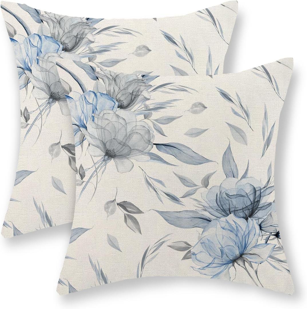 Blue Pillow Covers 18x18 Inch Set of 2 Vintage Blue and Grey Floral Throw Pillows Modern Abstract Boho Flower Decorative Pillow Cases Outdoor Linen Farmhouse Cushion Cover for Couch Sofa Decor