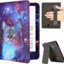 Case for 7"/6.8" Kindle Paperwhite (12th/11th Gen, 2024/2021), Kindle Colorsoft Signature Edition Case, PU Leather Foldable Stand Cover with Hand Strap & Auto Wake/Sleep, Space Cat