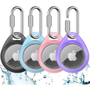 UNBREAKcable AirTag Holder for Apple - 4 Pack Air Tag Case [Professional Carabiner] [Waterproof] [Shockproof] TPU AirTag Keychain for Kids, Pets, Keys, Luggage, Backpacks (Transparent Purple / Pink / Blue / Black)