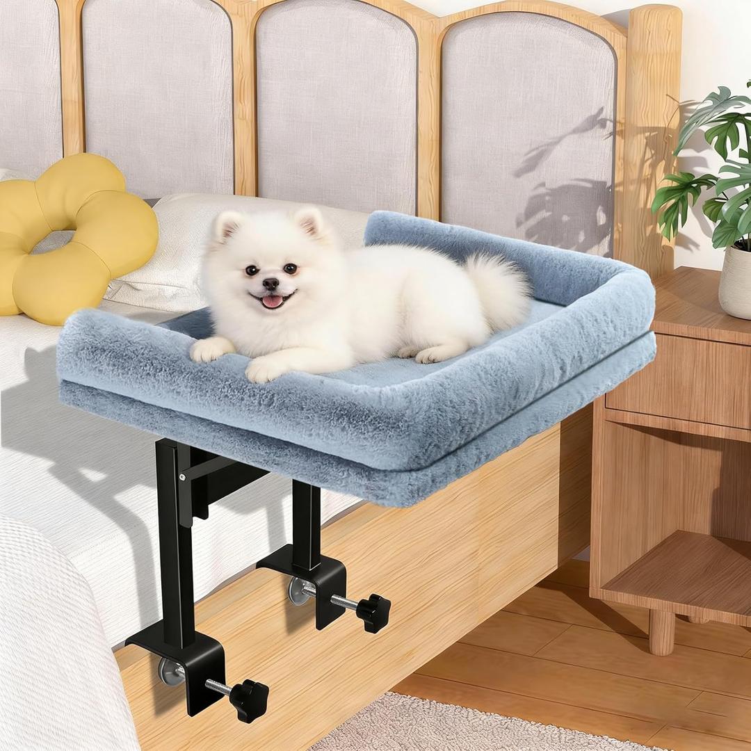 Foldable Bedside Cat Bed, Bedside Dog Bed Attached to Human Bed for Cats & Small Dogs, Plush Cozy Pet Bed with Removable Washable Cover, Supports up to 50 lbs