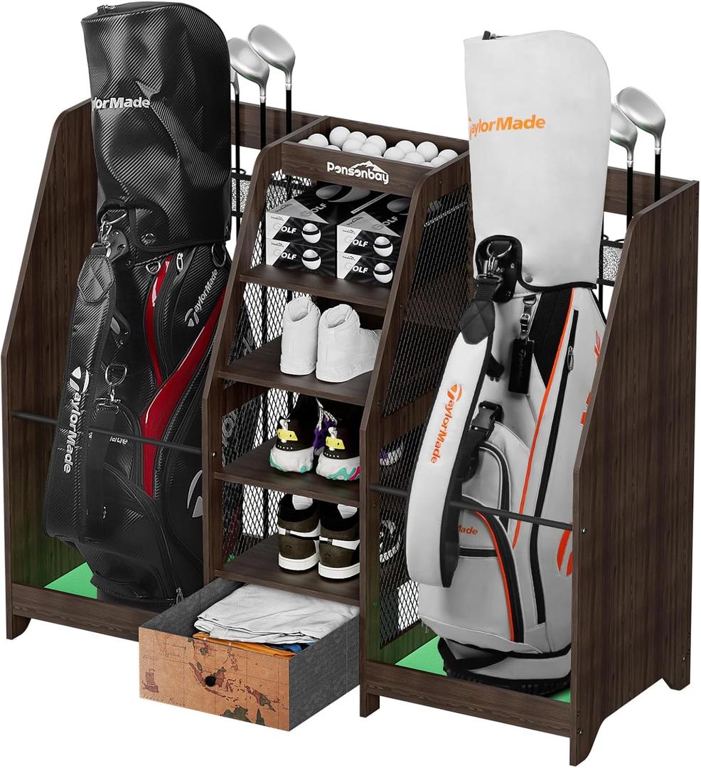Golf Bag Storage Organizer for Garage, Premium Wooden 2 Golf Bags Rack with Drawer, Easy Assemble Golf Club Stand/Holder Suitable for Garage Home Simulator and Office (Black)