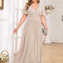 ZOMVA Plus Size Maxi Formal Dress Sparkly V-Neck A-line Ruffle Sleeves Evening Gown Cocktail Prom Lace, Champagne, 1X