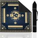 Upgraded Navy Blue & Gold Mahjong Mat 31.5x31.5 Inch - Non-Slip Rubber, Waterproof, Noise Reducing Table Cover for American & Chinese Mahjong, D20 Dice, Poker, Board Games with Carry Bag