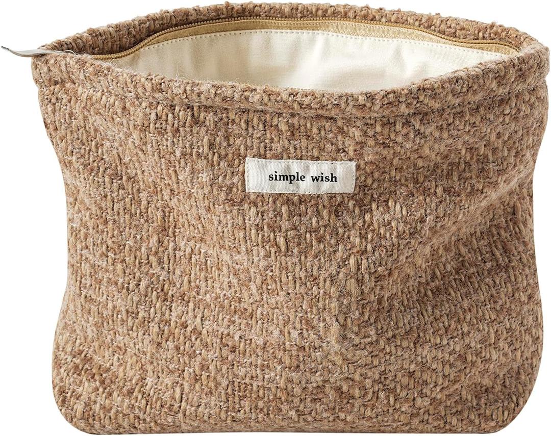 RSRSLEII Travel Woven Tweed Makeup Bag,Aesthetic Portable Cosmetic Bag with Zipper,Makeup Pouch with Canvas Lining,Cute Vintage Travel Toiletry Bag,Car Storage Bag for Women and Girls (04Brown Tweed)