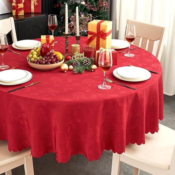 Round Tablecloth 80 Inch Fabric Table cloth Leaves Pattern Scalloped Edge Silky Soft Tablecloth Waterproof Wrinkle Resistant Washable Table Cover Dinning Party Banquet Decoration