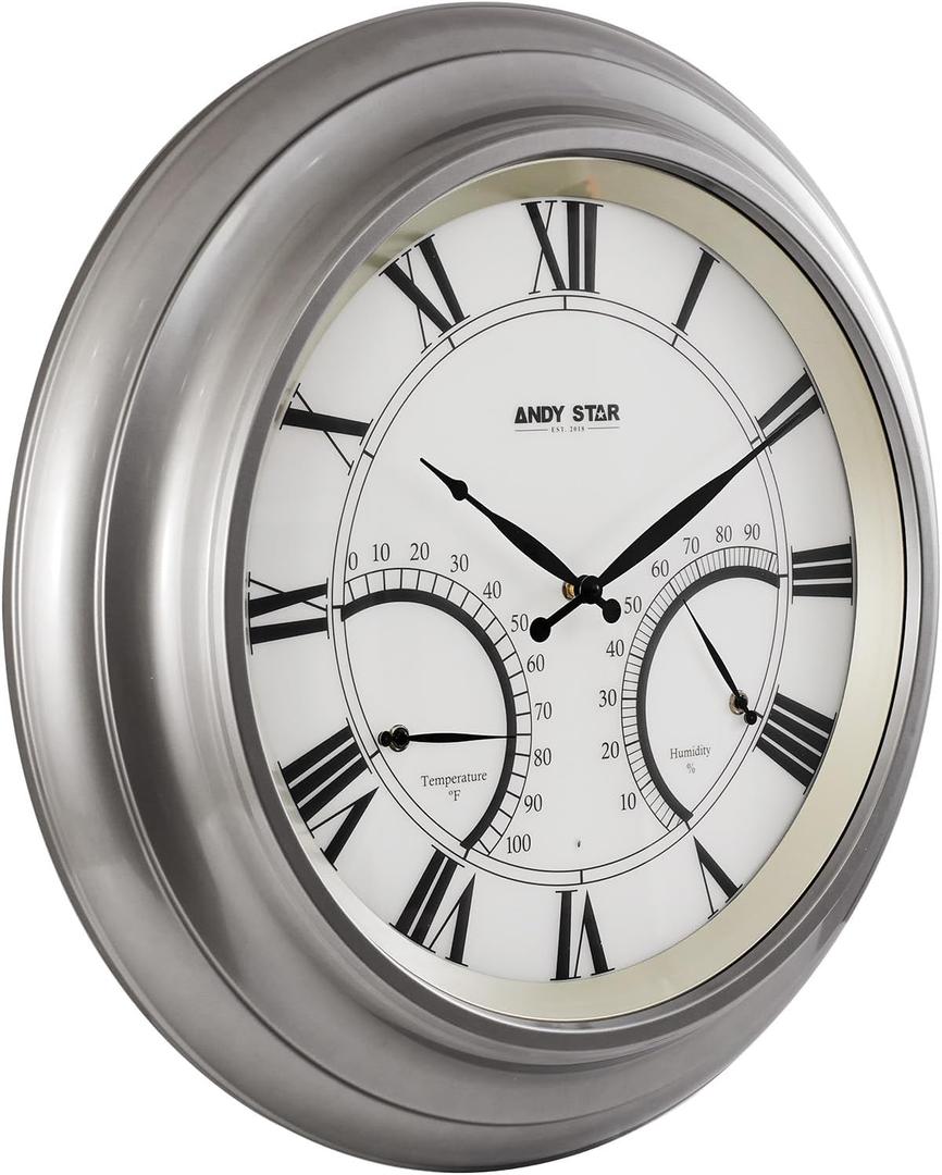 ANDY STAR 24 Inch Outdoor Clocks Waterproof, Large Outdoor Wall Clocks for Garden Patio Pool, Weatherproof Illuminated Metal Clock Battery Operated with Thermometer&Hygrometer, Silver Non Ticking