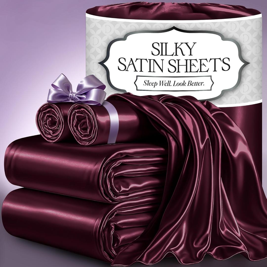 DECOLURE Satin Bed Sheets - 4 Piece Luxury Silky Queen Size Bedding Set - Softer Than Silk, Wrinkle-Free with 15 Deep Pocket Fitted Sheet, Perfect for Hair & Skin, Gifts for Women (Rosewood)