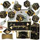Jacyan Birthday Surprise Gift Box Explosion for Money, Exploding Money Gift Box for Cash Pop up Birthday Money Explosion Box Surprise Party Gift 12 Folding Bounce Boxes for Men Women Kids, Black Gold