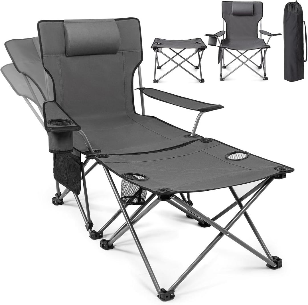 apollo walker Reclining Beach Chair, Adjustable 90-135 Backrest Camping Lounge Chairs for Adults, Folding Chair with Foot Rest & Detachable Pillow - Upgraded 8-Leg, Grey