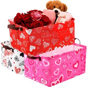 3 Pack Valentine's Day Storage Baskets Waterproof Canvas with Leather Handles Collapsible Storage Bins Cube Baskets for Closet Clothes Room Decor Gift Basket (Heart)