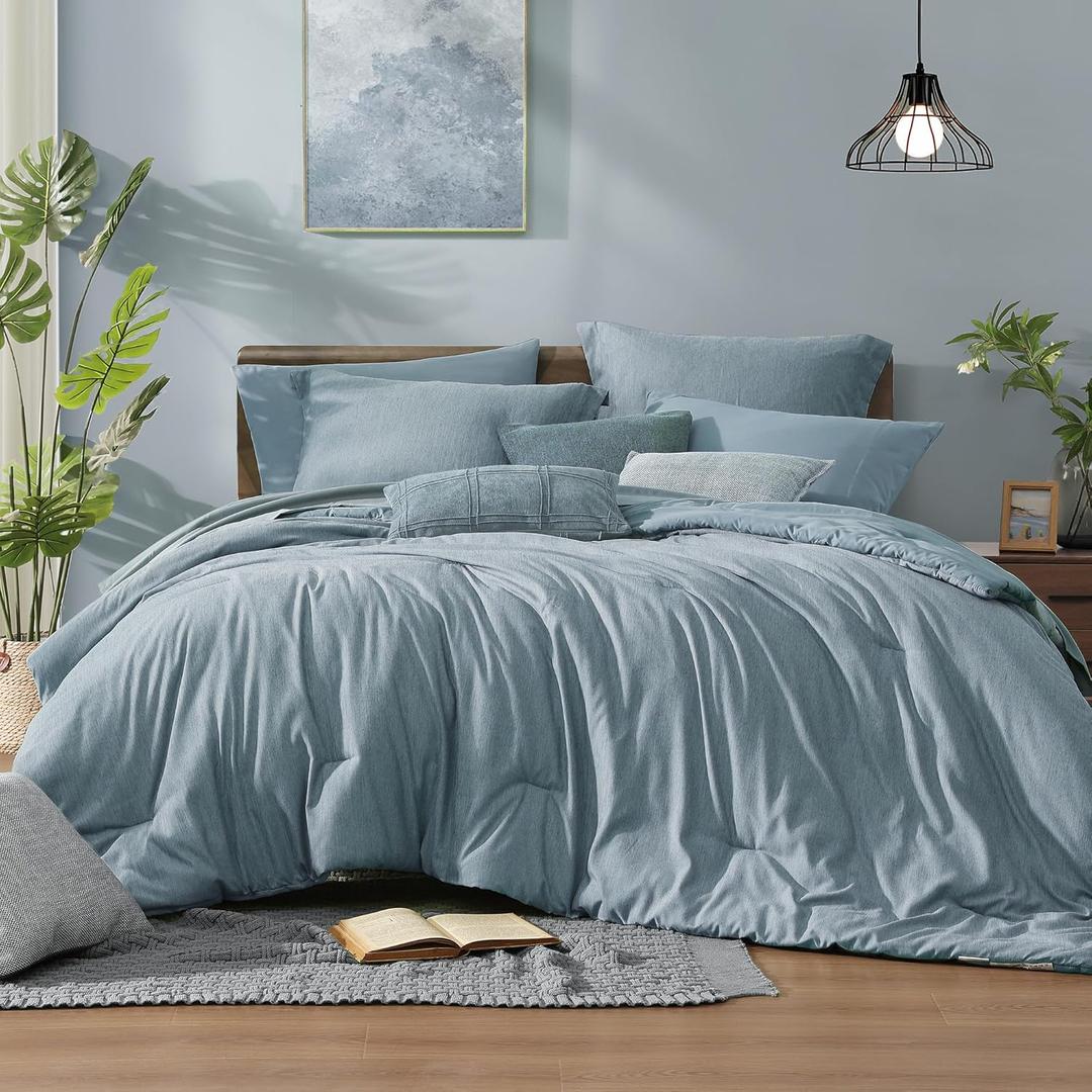 Monbix Queen Comforter Set - 7 Pieces Dusty Blue Cationic Dyeing Bed in a Bag Queen Bedding Sets with Sheets, Pillowcases & Shams, Reversible Bedding Comforters