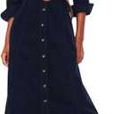 YEXPINE Women's Corduroy Maxi Dress Long Sleeve Cord Button Down Fall Shirt Long Dress with Belt (Large, Navy)