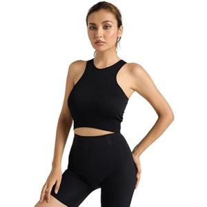 Lmprint Women's Ribbed Crop Tank Top, Sleeveless Racerback, Square Neck, Black, Fitted S/M