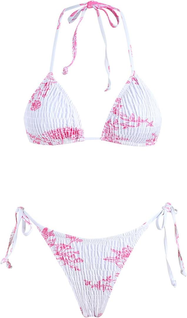 VOLAFA Women's Triangle Bikini String Swimsuit Print Tie Smocked Ruched Two Piece Bathing Suit Set (Small, Pink White-str)