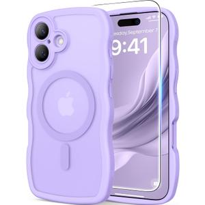 3 in 1 Magnetic for iPhone 17 Case, Cute Wavy [Full Camera Protection] [Fit for MagSafe] 1X Screen Protector+1X Wrist Strap, Anti-Slip Trendy Women Girly Phone Case for iPhone 17 6.3", Light Purple