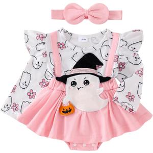 Newborn Halloween Baby Girl Outfit Ruffle Sleeve Romper Dress Suspender Jumpsuit Fall Winter Clothes (0-3 Months, Ghost Pink)