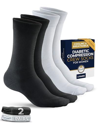 Pembrook Premium Diabetic Compression Crew Socks for Women - Moisture-Wicking Athletic Running Socks, Black, White Compression Socks - 2 Pairs pack of 4