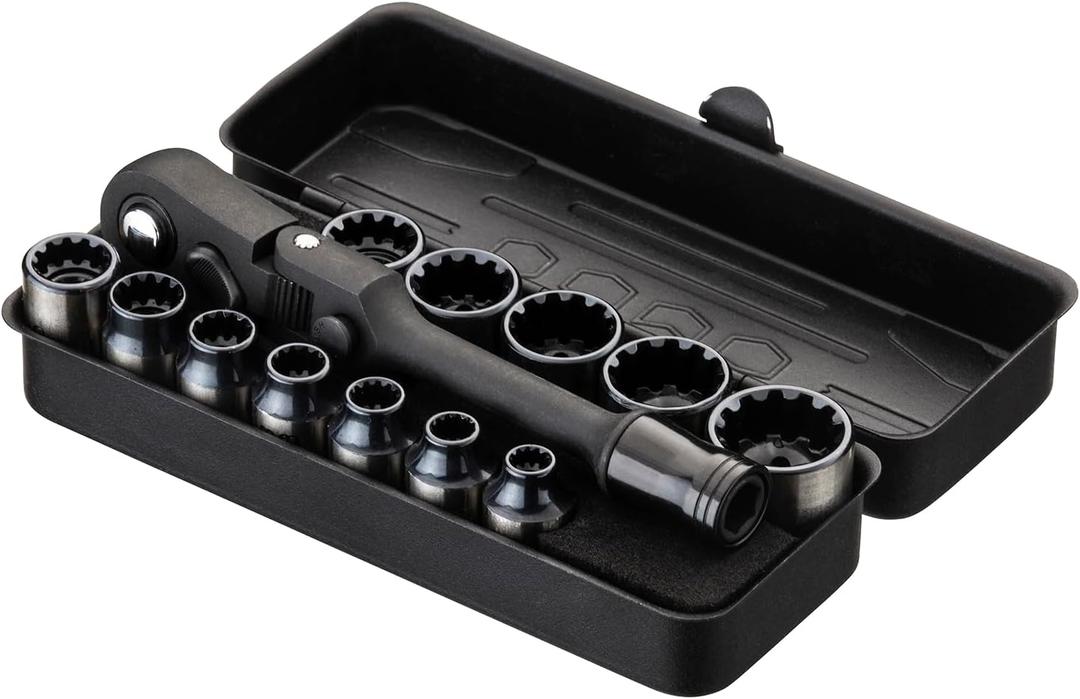 KESI Tool Socket Set 13-Piece, 1/4" Dr Quick Release Ratchet, SAE/Metric, Flex Locking Head Design, 12-piece 1/4" Dr Low Profile Spline, 72 Tooth Ratchet and Compact Paint Metal Case, Multi-function