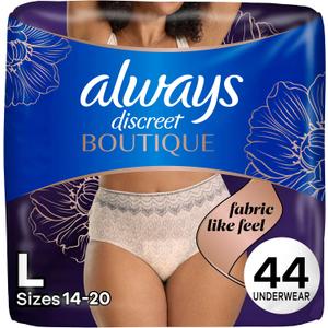 Always Discreet Boutique Incontinence and Postpartum Underwear for Women, Maximum Protection, Large, Rosy, 44 Count (2 Packs of 22)