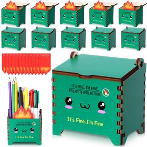 12 Pcs Wooden Dumpster Fire Pencil Holders with Motivational Flame Shaped Cards, Funny DIY Desk Organizer Bulk Office Emotional Christmas Gifts for Coworkers Teachers Nurses (Green)