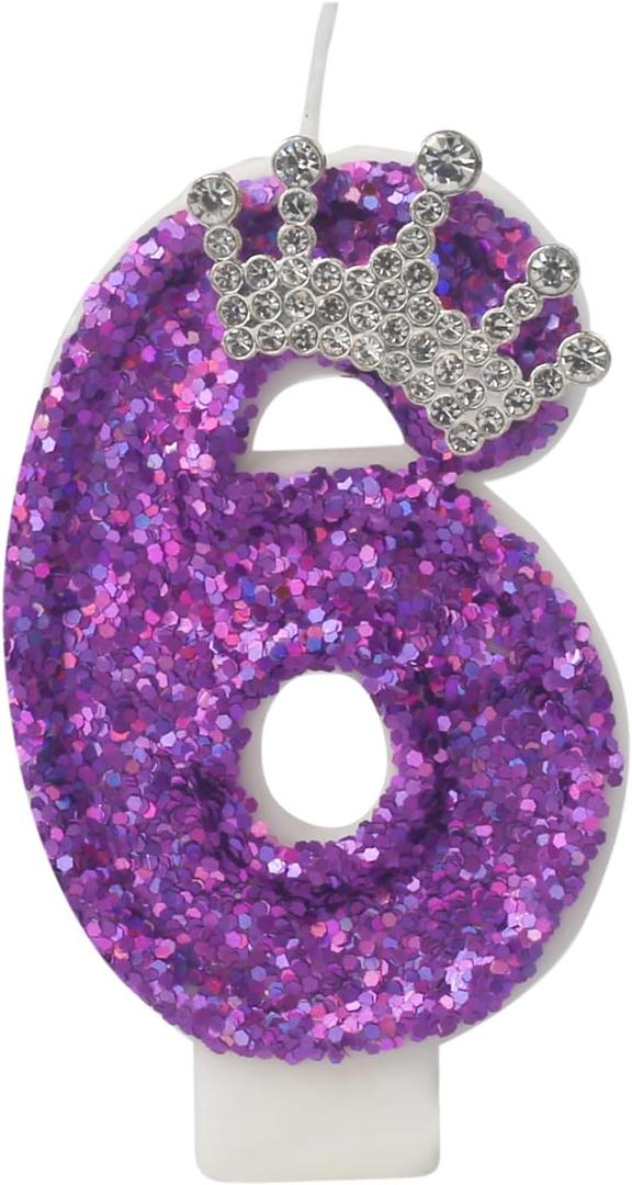 4 x Birthday Number 6 Candles,Purple Crown Birthday Candles for Cake,Glitter Sequins Number Candle Cake Topper Sequins for Anniversary Supplies Birthday Party Wedding Decoration (Purple, Number 6)