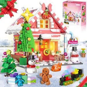 Christmas Gingerbread House Building Block, Christmas Village House Building Set, Contain Christmas Tree and Train, Xmas Brick Toy Gifts for Adults Teens and Kids 1288PCS (Pink)