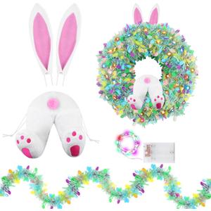 Knitgrip Easter Bunny Butt Wreath DIY Kit Spring Easter Tinsel Garland with LED String Lights Bunny Butt and Ears Wreath Attachment for Craft Front Door Car Spare Tire DIY Outdoor Decoration