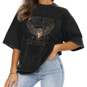 Vintage Rock Band T-Shirts for Women Retro Free Bird Eagle Graphic Country Music Tees Casual Loose Short Sleeve Tops (Black, L)
