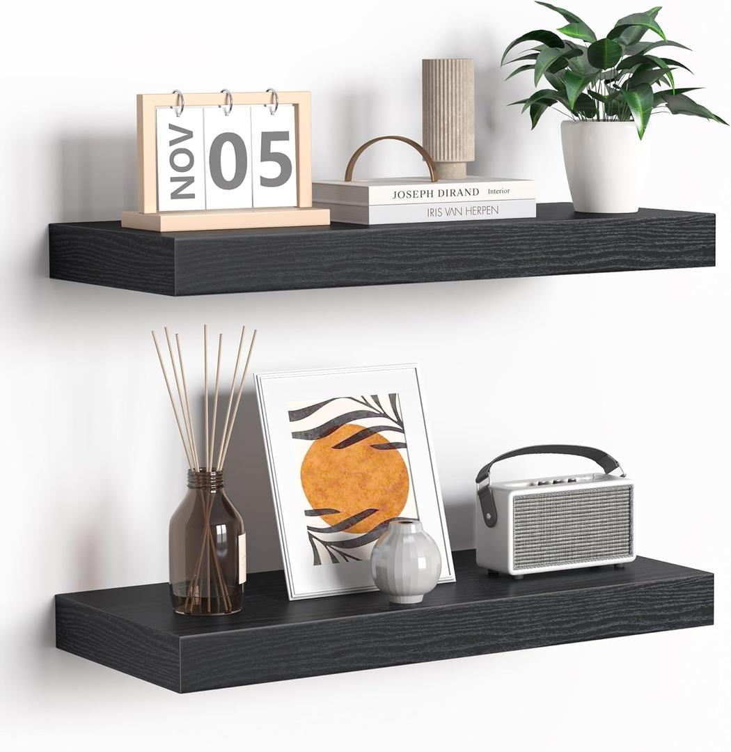 Fun Memories Floating Shelves - 16 Inch Rustic Black Wall Shelf - Wall Mounted Shelves for Wall Decor Storage - Wooden Shelves with Invisible Brackets for Living Room, Bedroom, Kitchen, 2 Pack (16"W x 6.7"D - 2P)