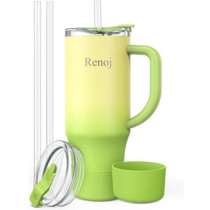 Renoj Insulated Mug 100% Leak Proof Insulated Water Bottle for Iced Coffee & Hot Drinks - Fits Car Cup Holder, Ideal Gift, 2 Straws & Silicone Boot - SnapShift Green Gradient 32 oz